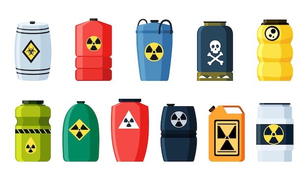 Vector toxic chemical barrels steel tanks with radioactive waste containers with oil drop crossbones radiation and biohazard icons in flat style dangerous substance storage of nuclear components