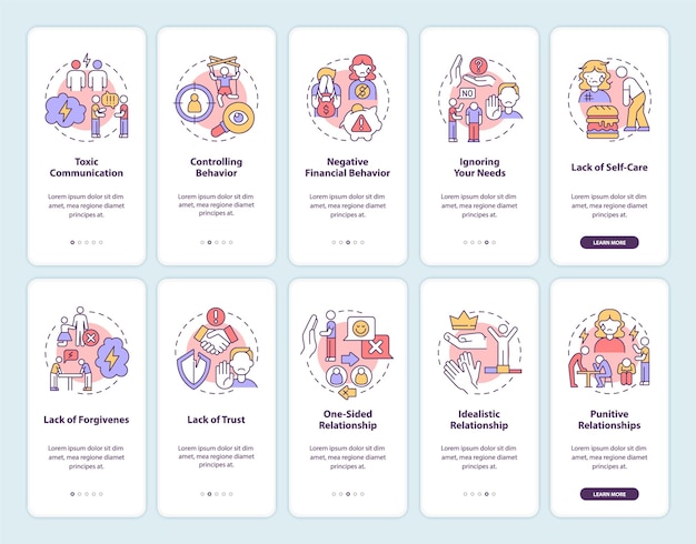 toxic relationship onboarding mobile app page screen. abusive and selfish partner walkthrough 5 steps graphic instructions with concepts. ui, ux, gui vector template with linear color illustrations