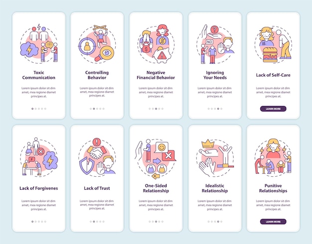 モバイルアプリのページ画面にオンボーディングする有毒な関係。虐待的で利己的なパートナーのウォークスルー概念を備えた5つのステップのグラフィックの指示。線形カラーイラストとUI、UX、GUIベクトルテンプレート