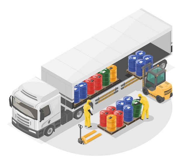 Rifiuti tossici lavoratori di trasporto per lo smaltimento dei rifiuti pericolosi in tuta gialla per lo spostamento di sostanze chimiche