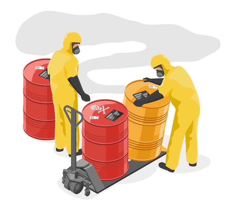 Vector toxic waste hazardous waste disposal workers in yellow hazard suit using handlift to move chemical