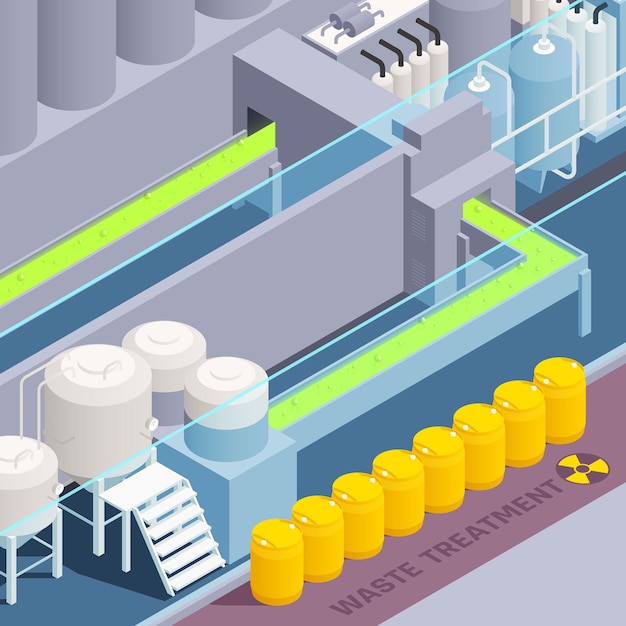 Vector toxic waste nuclear chemical pollution biohazard colored isometric composition with waste treatment description illustration