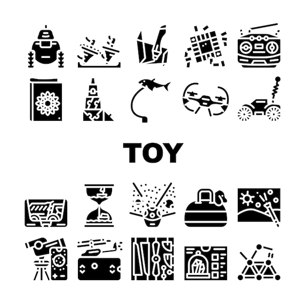 Вектор Иконки коллекции игрушек и детей набор векторных роботов и радиоуправляемых автомобилей летающая рыба и собачья сумка квадрокоптер и телескоп игрушечные глифы пиктограммы черные иллюстрации