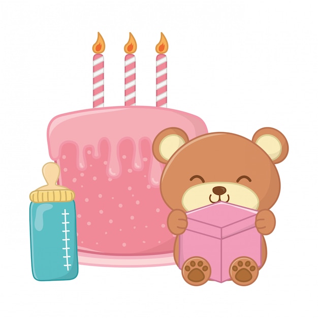 Vector toy bear and birthday cake