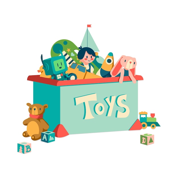 Toy box cartoon container with kids transport and plush animals doll or robot for infant play and education storage of children rocket or musical instrument vector orphanage gift box