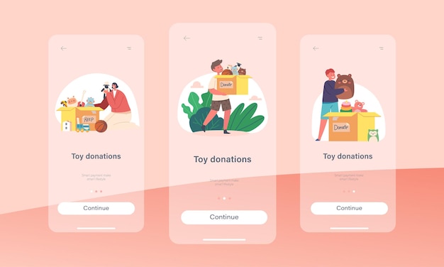 Pagina dell'app mobile per la donazione di giocattoli modello di schermo integrato personaggi volontari donano giocattoli ai bambini aiuta i bambini