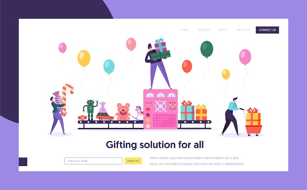 Vector toy factory gift packing conveyor concept landing page. people character hold present box and candy. preparation for holiday party website or web page. flat cartoon vector illustration