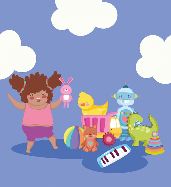 Вектор Игрушечный объект для маленьких детей, чтобы играть в мультфильм, милая девушка с кроликом в руке и множество игрушек