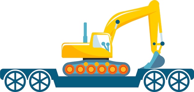 Toy Railway Metal Cargo Platform Carrying Excavator in Flat Style Vector Illustration