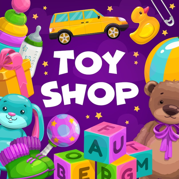 Toy shop goods. gifts for children, toddler and infant child educational and soft plush toys.