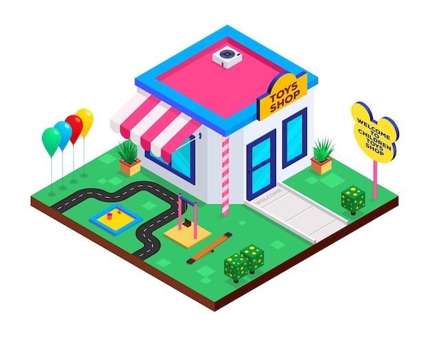 Toy Shop in isometric style with swings