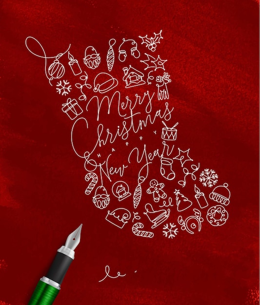 Vector toy socks lettering merry christmas and happy new year drawing with pen line on red background