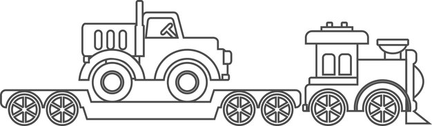 Toy Steam Train with Cargo Platform Carrying Truck Outline Icon in Flat Style Vector Illustration