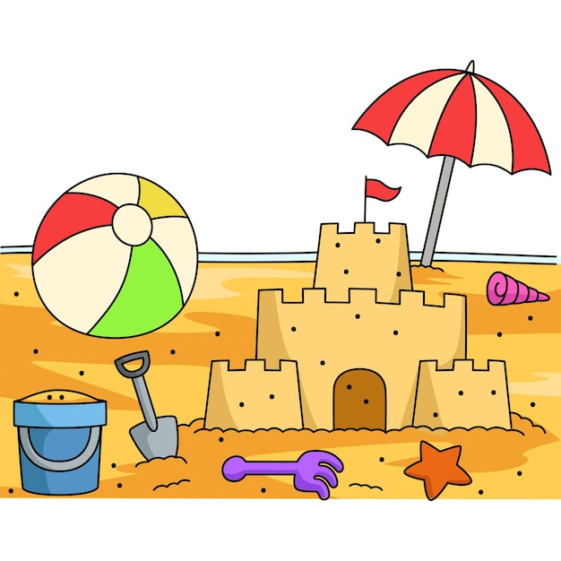 Vector toys on the beach cartoon colored clipart