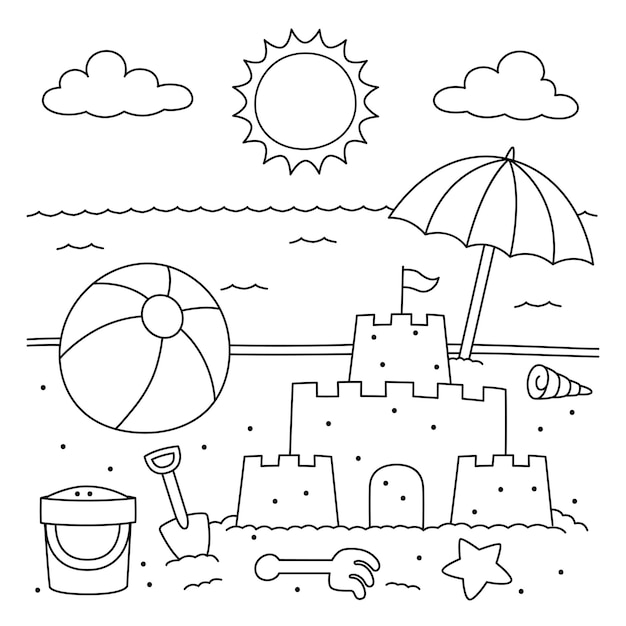 Vector toys on the beach coloring for kids