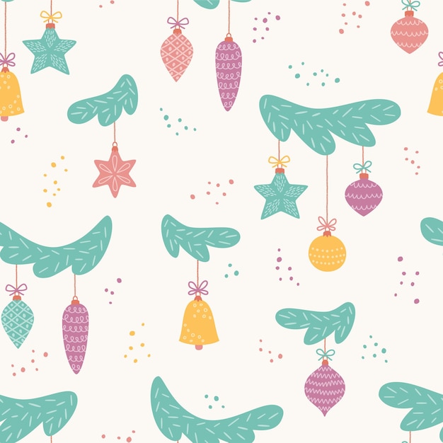 Toys on christmas tree new year balls seamless pattern for christmas decoration