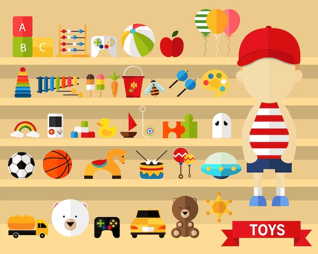 Vector toys concept background. flat icons.