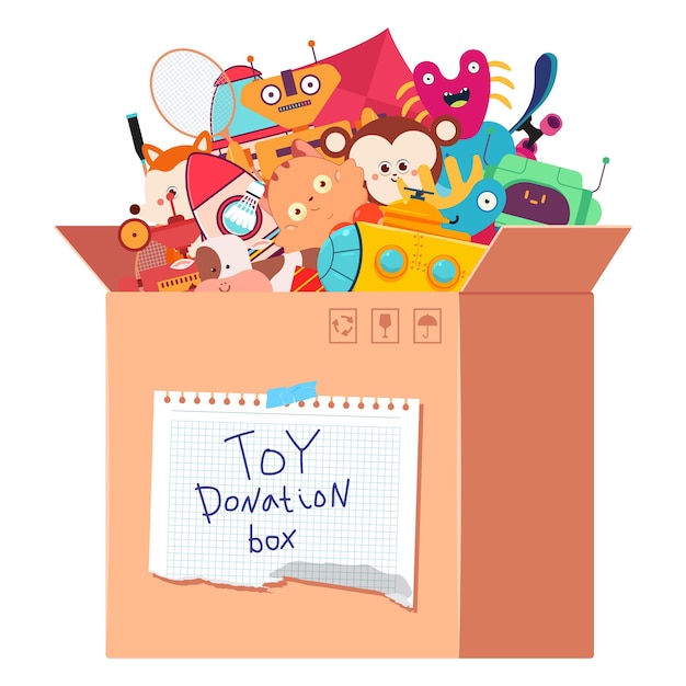 Illustrazione del fumetto di vettore della scatola di donazione dei giocattoli isolata su una priorità bassa bianca.