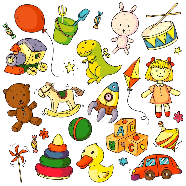 Toys doodles. funny children toys object sketches signs set. cute bunny, bear animal, balloon, duck, car, rocket, horse, ball, doll, abc cubes game doodles collection elements for babies