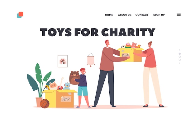 Вектор Игрушки для благотворительности шаблон целевой страницы благотворительные игрушки пожертвование для детей волонтерская коробка с игрушками для детей