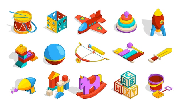 Toys isometric. colored kindergarten objects for kids plastic preschool toys sets box blocks drum cars vector cute collection. xylophone and pyramid, preschool education playful illustration