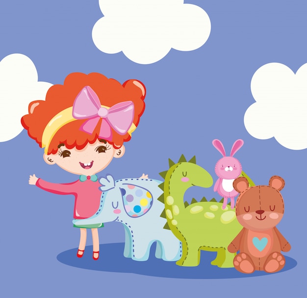 Toys object for small kids to play cartoon, cute girl with animals bear elephant dinosaur and rabbit illustration