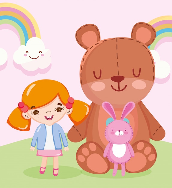 Toys object for small kids to play cartoon, doll teddy bear and rabbit illustration