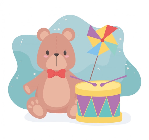 Toys object for small kids to play cartoon teddy bear drum and pinwheel