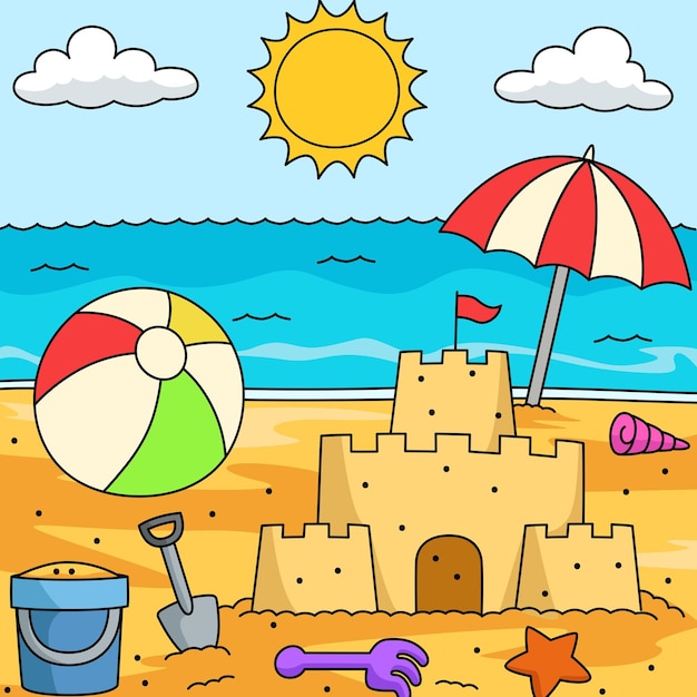 Игрушки на пляже цветные иллюстрации шаржа