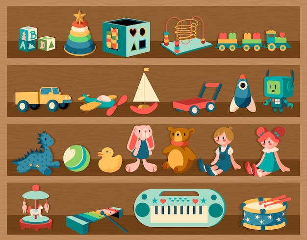 Vector toys on shelves cartoon wooden rack with dolls and musical instruments plush animals or transport educational jigsaw for children colorful rocket and automatic robot vector furniture