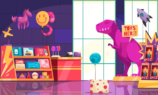 Negozio di giocattoli all'interno di uno sfondo colorato con giochi da tavolo e libri per bambini sugli scaffali e dinosauro gigante sull'illustrazione del piedistallo
