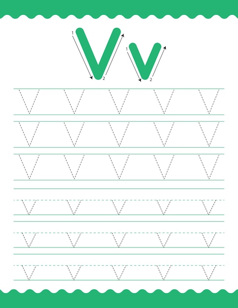 Traccia l'alfabeto v foglio di lavoro per tracciare l'inizio foglio di attività per bambini in età prescolare pre k ritorno a scuola