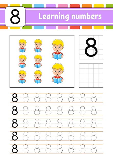 Обведи и напиши числа практика почерка изучение чисел для детей образовательный развивающий лист страница активности