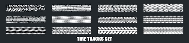 Vector trace of automotive rubber tires trail silhouette set grunge tire tracks tire tracks of various vehicles vector illustration