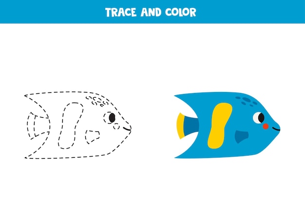 Traccia e colora il pesce angelo blu dei cartoni animati foglio di lavoro per bambini