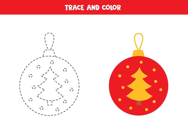 Trace and color cartoon Christmas ball. Worksheet for kids.