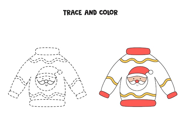 Trace and color cartoon christmas sweater. worksheet for kids.