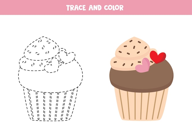 Trace and color cartoon cupcake Worksheet for children