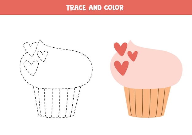 Trace and color cartoon cupcake Worksheet for children