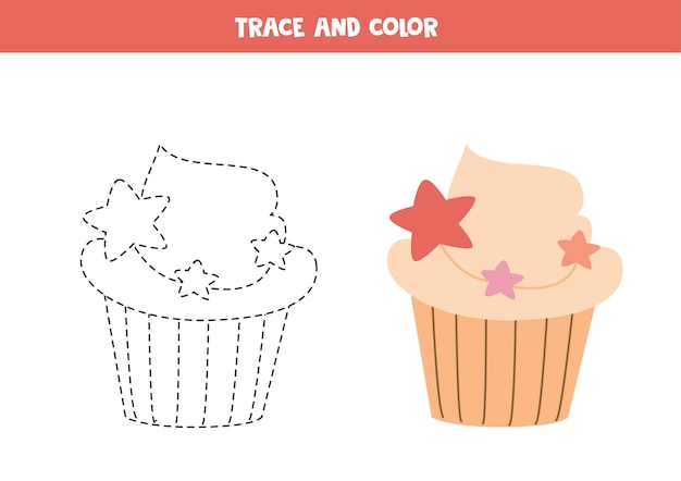 Trace and color cartoon cupcake Worksheet for children