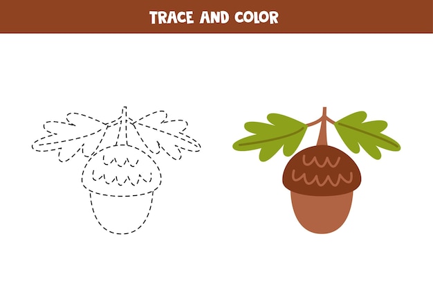 Trace and color cartoon cute acorn Worksheet for children