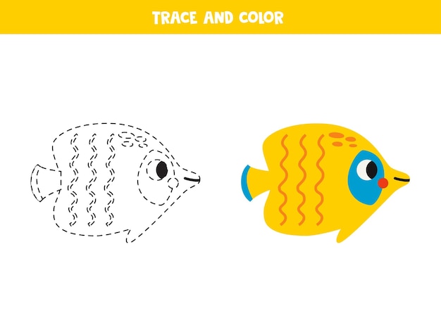 Trace and color cartoon cute butterfly fish Worksheet for children