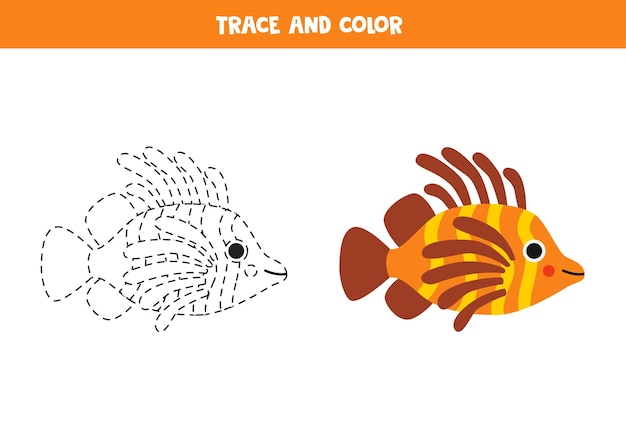 Trace and color cartoon cute lionfish Worksheet for children