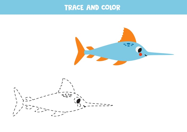 Traccia e colora il foglio di lavoro del simpatico pesce spada del fumetto per i bambini