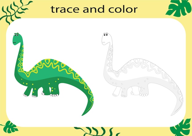 Vector trace and color the cartoon dinosaur handwriting practice for kidseducational worksheet for child