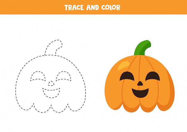 Traccia e colora le zucche di halloween dei cartoni animati. pratica di scrittura a mano.