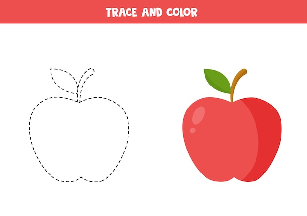 Trace and color cartoon red apple Worksheet for children