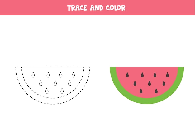 Trace and color cartoon watermelon. educational game for kids. writing and coloring practice.