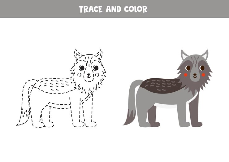 Vector trace and color cartoon wolf worksheet for children