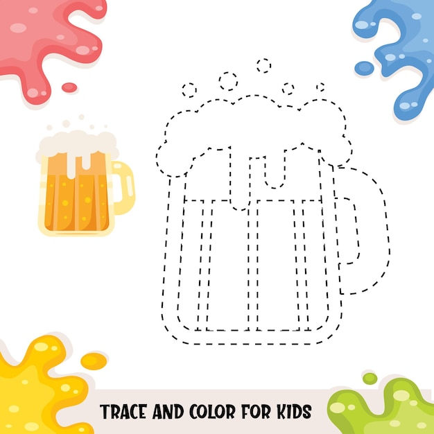 Traccia e colora per bambini con illustrazione di birra schiumosa
